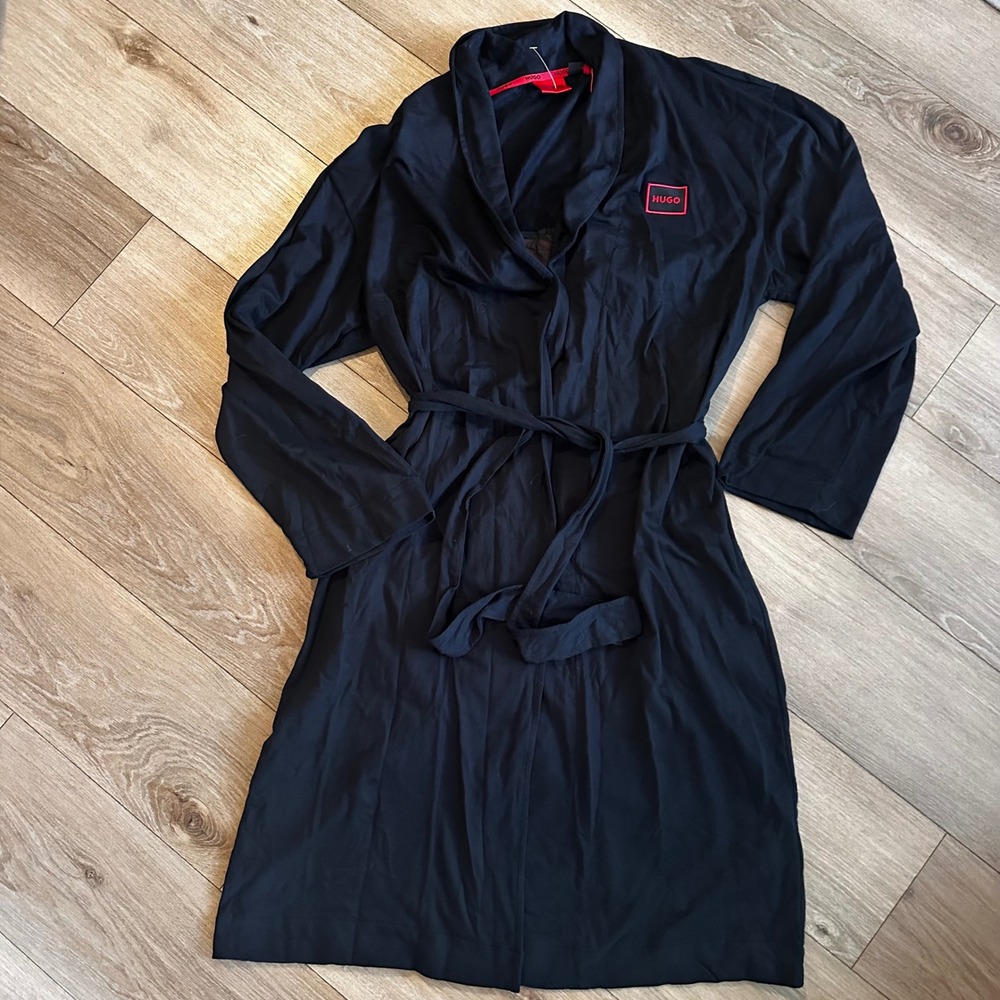 HUGO Hugo Boss Mens Black Jersey Bathrobe Red Logo Graphic Print Robe XXL